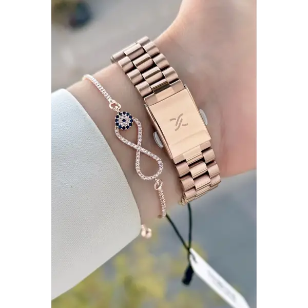 Kadranı Siyah Kordonu Rose Renk 33 Mm Hediye Paketli Kadın Kol Saati ve Bileklik