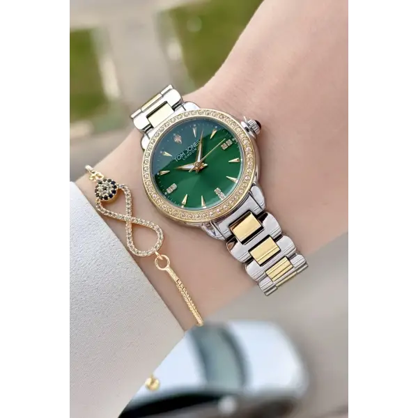 Kadranı Yeşil Gold Gümüş Renk 30 mm Kadın Kol Saati ve Bileklik