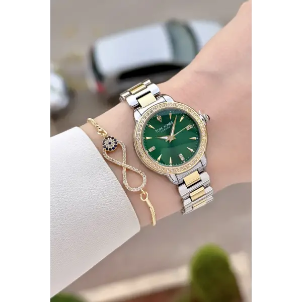 Kadranı Yeşil Gold Gümüş Renk 30 mm Kadın Kol Saati ve Bileklik