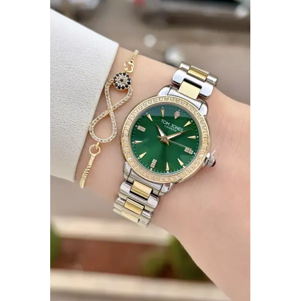 Kadranı Yeşil Gold Gümüş Renk 30 mm Kadın Kol Saati ve Bileklik