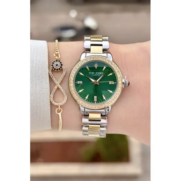 Kadranı Yeşil Gold Gümüş Renk 30 mm Kadın Kol Saati ve Bileklik