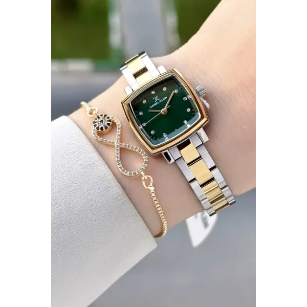 Kadranı Yeşil Gold Gümüş Renk Hediye Paketli Kadın Kol Saati