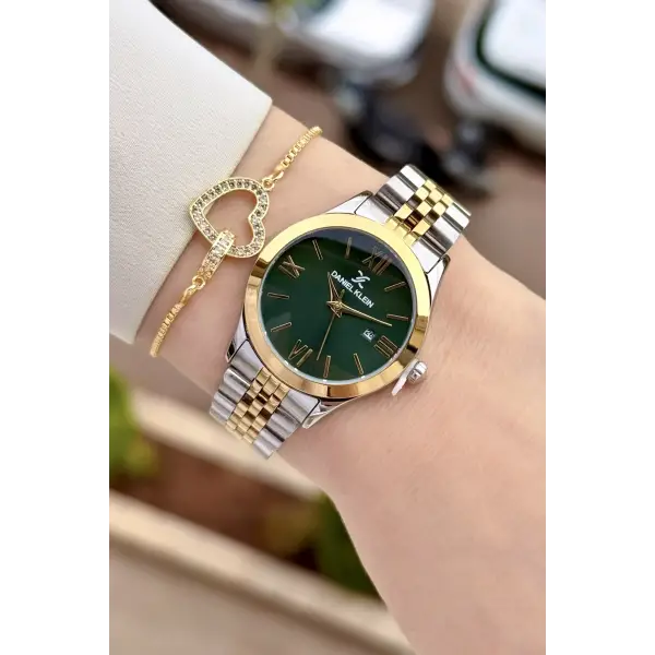Kadranı Yeşil Kodronu Gold Gümüş Renk 30 Mm Kadın Kol Saati