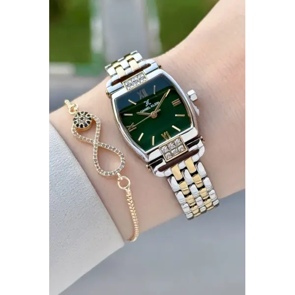 Kadranı Yeşil Kordonu Gold Gümüş Renk 24 mm Hediye Paketli Kadın Kol Saati