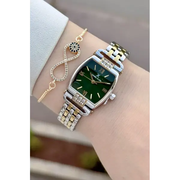 Kadranı Yeşil Kordonu Gold Gümüş Renk 24 mm Hediye Paketli Kadın Kol Saati