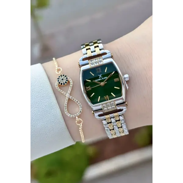 Kadranı Yeşil Kordonu Gold Gümüş Renk 24 mm Hediye Paketli Kadın Kol Saati