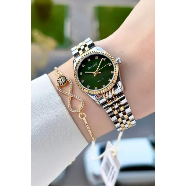 Kadranı Yeşil Kordonu Gold Gümüş Renk 24 Mm Kadın Kol Saati ve Bileklik