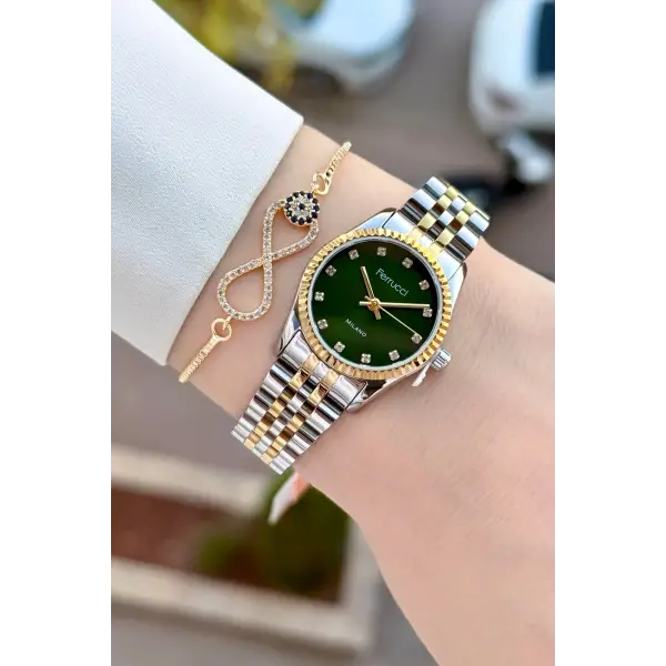 Kadranı Yeşil Kordonu Gold Gümüş Renk 24 Mm Kadın Kol Saati ve Bileklik