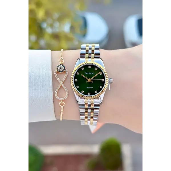 Kadranı Yeşil Kordonu Gold Gümüş Renk 24 Mm Kadın Kol Saati ve Bileklik
