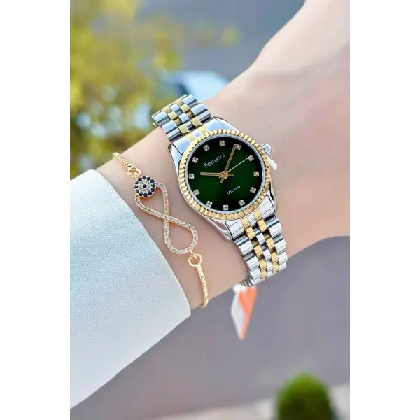 Kadranı Yeşil Kordonu Gold Gümüş Renk 24 Mm Kadın Kol Saati ve Bileklik