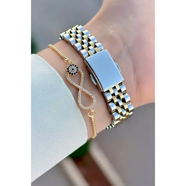 Kadranı Yeşil Kordonu Gold Gümüş Renk 24 Mm Kadın Kol Saati ve Bileklik