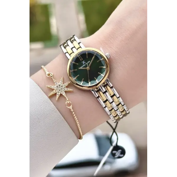 Kadranı Yeşil Kordonu Gold Gümüş Renk 25 Mm Hediye Paketli Kadın Kol Saati