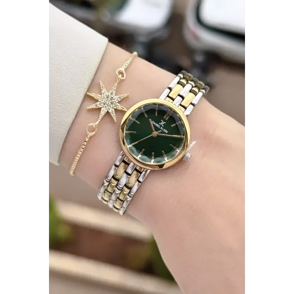 Kadranı Yeşil Kordonu Gold Gümüş Renk 25 Mm Hediye Paketli Kadın Kol Saati