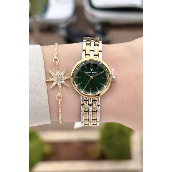 Kadranı Yeşil Kordonu Gold Gümüş Renk 25 Mm Hediye Paketli Kadın Kol Saati