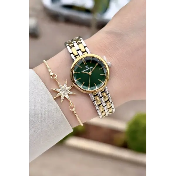 Kadranı Yeşil Kordonu Gold Gümüş Renk 25 Mm Hediye Paketli Kadın Kol Saati