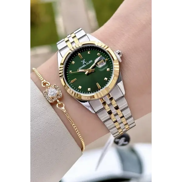 Kadranı Yeşil Kordonu Gold Gümüş Renk 30 Mm Hediye Paketli Kadın Kol Saati