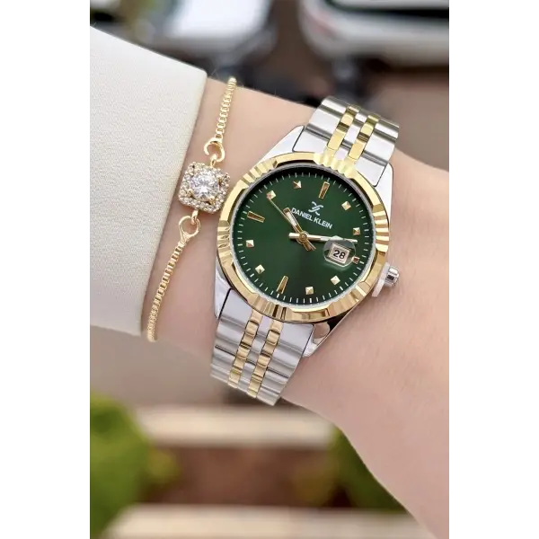 Kadranı Yeşil Kordonu Gold Gümüş Renk 30 Mm Hediye Paketli Kadın Kol Saati