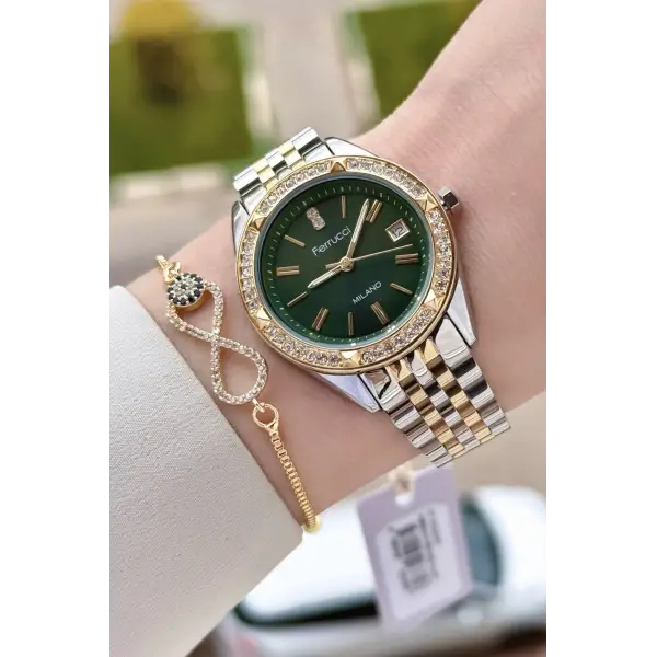 Kadranı Yeşil Kordonu Gold Gümüş Renk 34 Mm Kadın Kol Saati ve Bileklik