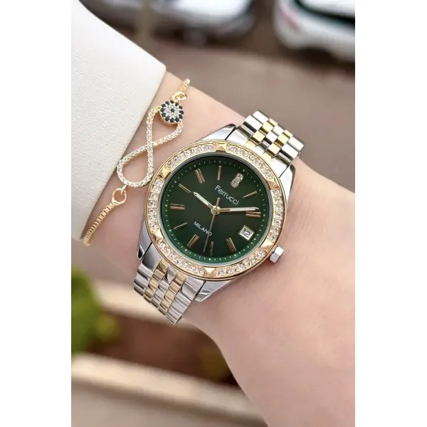 Kadranı Yeşil Kordonu Gold Gümüş Renk 34 Mm Kadın Kol Saati ve Bileklik