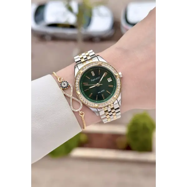 Kadranı Yeşil Kordonu Gold Gümüş Renk 34 Mm Kadın Kol Saati ve Bileklik