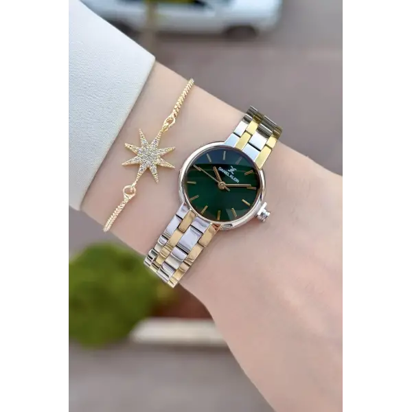 Kadranı Yeşil Kordonu Gold Gümüş Renk Hediye Paketli 25 Mm Kadın Kol Saati
