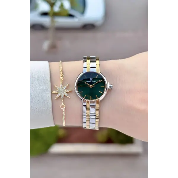 Kadranı Yeşil Kordonu Gold Gümüş Renk Hediye Paketli 25 Mm Kadın Kol Saati
