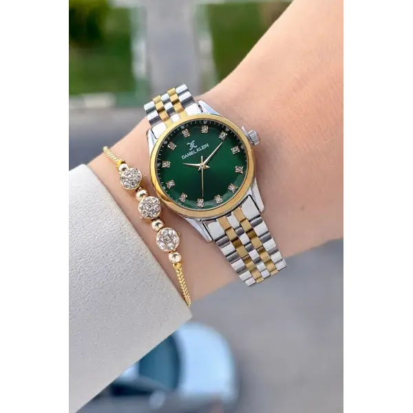Kadranı Yeşil Kordonu Gold Gümüş Renk Hediye Paketli 28 Mm Kadın Kol Saati