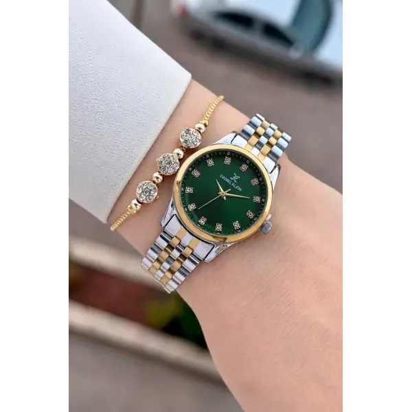 Kadranı Yeşil Kordonu Gold Gümüş Renk Hediye Paketli 28 Mm Kadın Kol Saati
