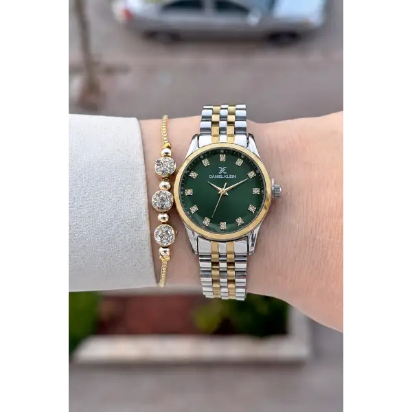 Kadranı Yeşil Kordonu Gold Gümüş Renk Hediye Paketli 28 Mm Kadın Kol Saati