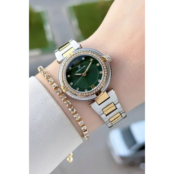 Kadranı Yeşil Kordonu Gold Gümüş Renk Hediye Paketli 32 Mm Kadın Kol Saati