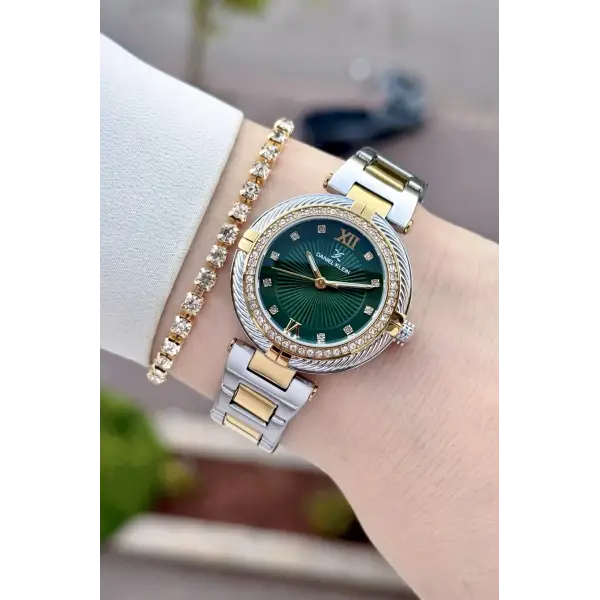 Kadranı Yeşil Kordonu Gold Gümüş Renk Hediye Paketli 32 Mm Kadın Kol Saati