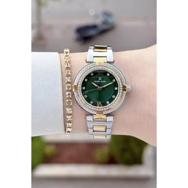 Kadranı Yeşil Kordonu Gold Gümüş Renk Hediye Paketli 32 Mm Kadın Kol Saati
