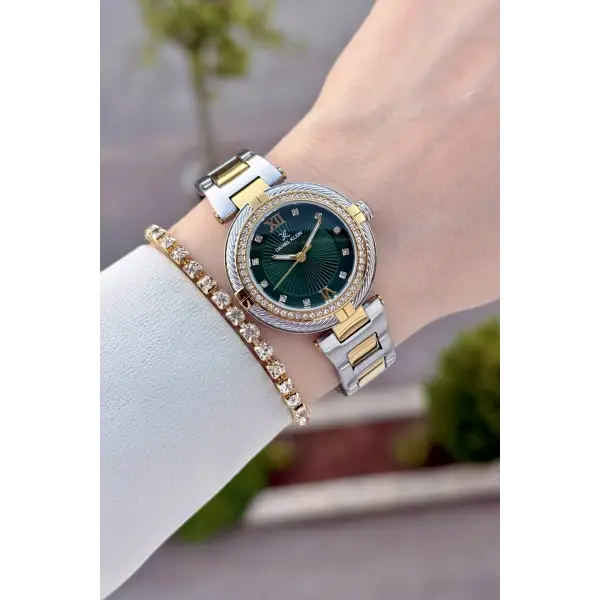 Kadranı Yeşil Kordonu Gold Gümüş Renk Hediye Paketli 32 Mm Kadın Kol Saati