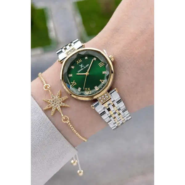 Kadranı Yeşil Kordonu Gold Gümüş Renk Kesme Camlı Kadın Kol Saati