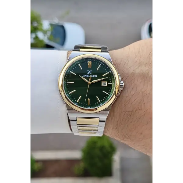 Kadranı Yeşil Kordonu Gold Gümüş Renk Takvimli Hediye Paketli Erkek Kol Saati