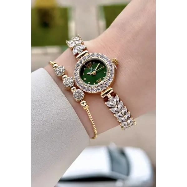 Kadranı Yeşil Kordonu Gold Renk 22,5 Mm Gelinlik Model Kadın Kol Saati