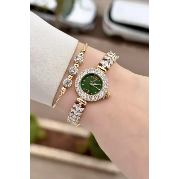 Kadranı Yeşil Kordonu Gold Renk 22,5 Mm Gelinlik Model Kadın Kol Saati