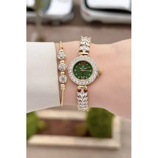 Kadranı Yeşil Kordonu Gold Renk 22,5 Mm Gelinlik Model Kadın Kol Saati