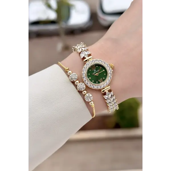 Kadranı Yeşil Kordonu Gold Renk 22,5 Mm Gelinlik Model Kadın Kol Saati