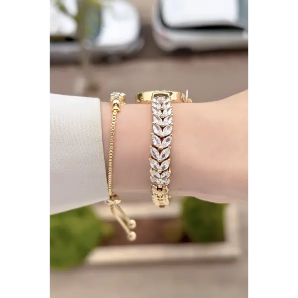 Kadranı Yeşil Kordonu Gold Renk 22,5 Mm Gelinlik Model Kadın Kol Saati
