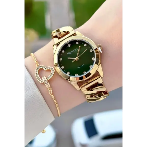 Kadranı Yeşil Kordonu Gold Renk 30 Mm Kadın Kol Saati ve Bileklik