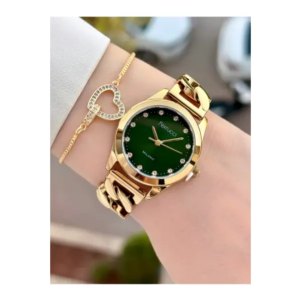 Kadranı Yeşil Kordonu Gold Renk 30 Mm Kadın Kol Saati ve Bileklik