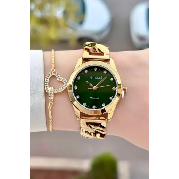 Kadranı Yeşil Kordonu Gold Renk 30 Mm Kadın Kol Saati ve Bileklik