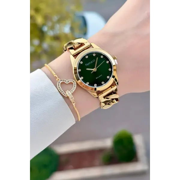 Kadranı Yeşil Kordonu Gold Renk 30 Mm Kadın Kol Saati ve Bileklik