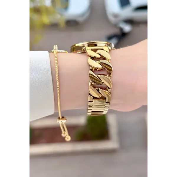 Kadranı Yeşil Kordonu Gold Renk 30 Mm Kadın Kol Saati ve Bileklik