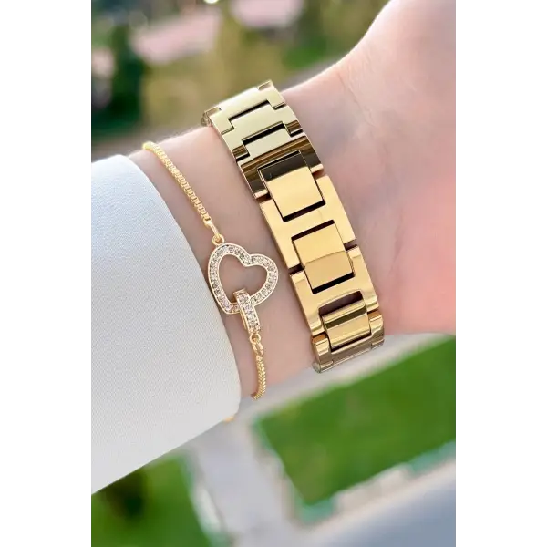 Kadranı Yeşil Kordonu Gold Renk 30 Mm Kadın Kol Saati ve Bileklik