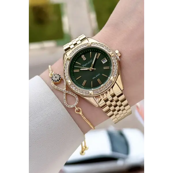 Kadranı Yeşil Kordonu Gold Renk 34 Mm Kadın Kol Saati ve Bileklik