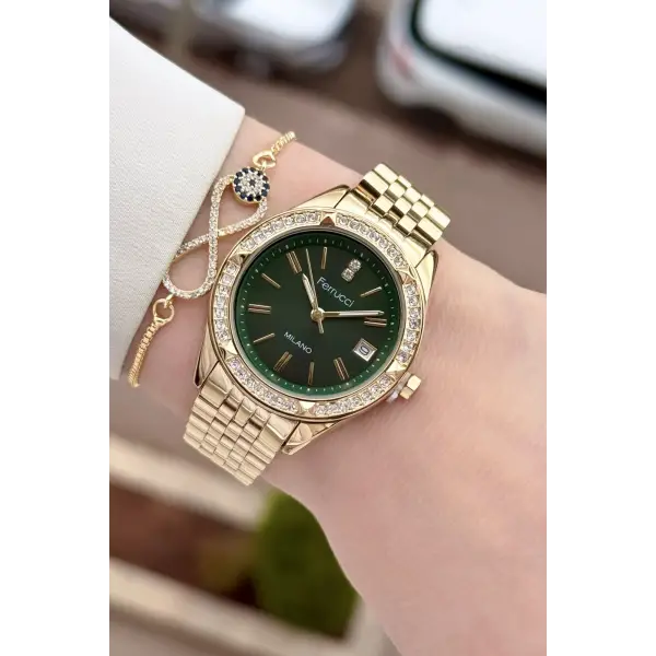 Kadranı Yeşil Kordonu Gold Renk 34 Mm Kadın Kol Saati ve Bileklik