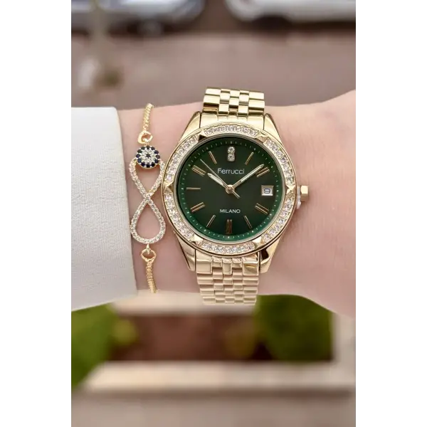 Kadranı Yeşil Kordonu Gold Renk 34 Mm Kadın Kol Saati ve Bileklik