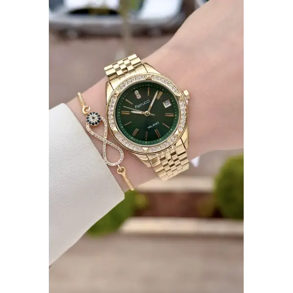 Kadranı Yeşil Kordonu Gold Renk 34 Mm Kadın Kol Saati ve Bileklik